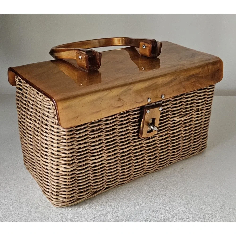 Vintage Plastic Wicker Gold Marbled Swirl Box Purse